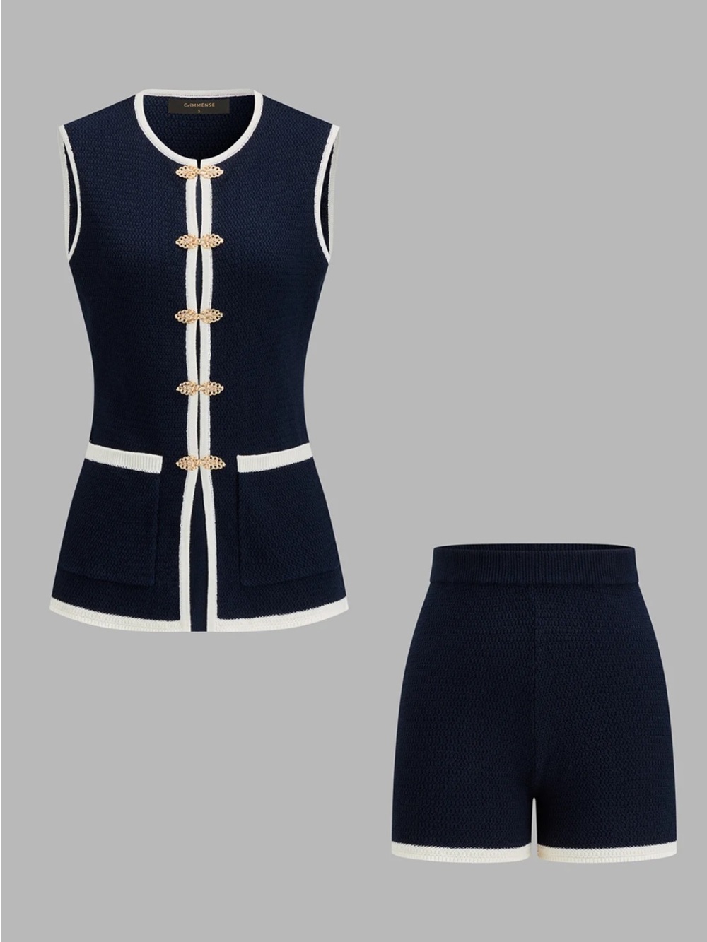Commense Sleeveless Navy Knit Shorts Set with Contrast Trim Medium - Picture 2 of 9